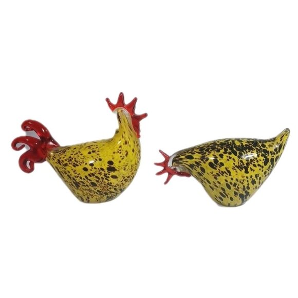 Murano Style Blown Italian Art Glass Yellow Speckled Rooster Hen Chicken Set - Picture 3 of 16